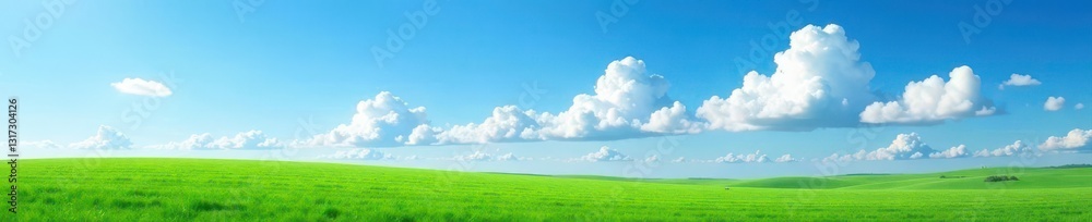Obraz premium Vast blue sky, fluffy white clouds above green field, atmosphere, clouds, space