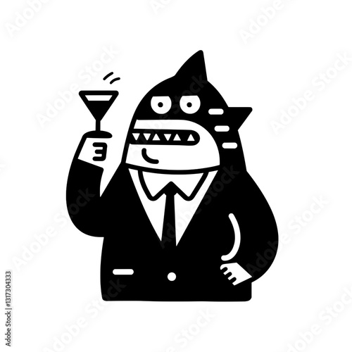 Whimsical shark character in a suit enjoying a cocktail at an imaginative celebration