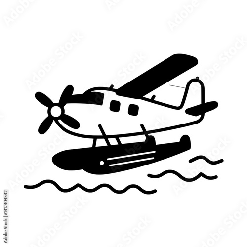 Floatplane soaring above tranquil waters with waves gently rocking against the hull under a bright sky