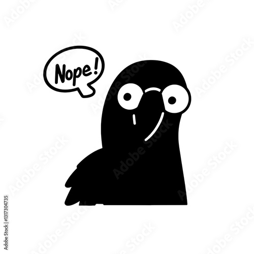 A quirky black bird with big eyes humorously responding with Nope in a playful cartoon style