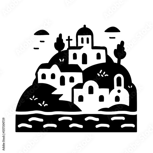 Charming hillside village with white houses and a distant church under a bright sky