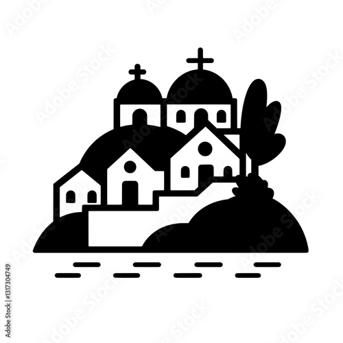 Serene village landscape featuring domed churches and quaint houses nestled on a hillside by the waterfront at sunset