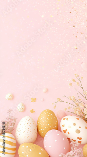 Easter eggs with golden decorations on pink marble background, surrounded by leaves
