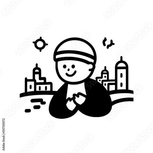 Cheerful child enjoying a sunny day in a quaint town with charming architecture and playful surroundings