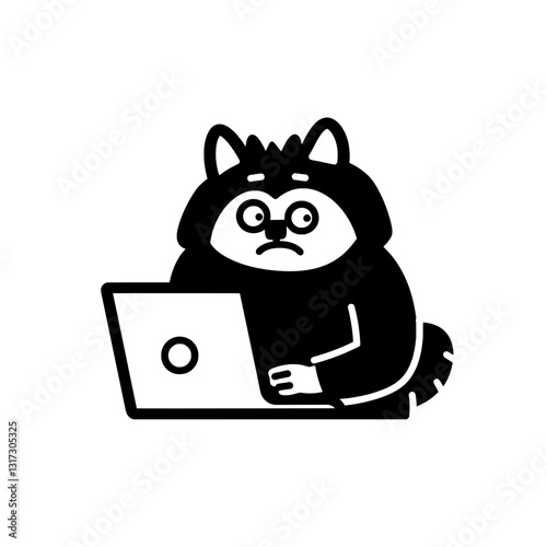Cute cartoon character with cat features focused on laptop work in a minimalist design style