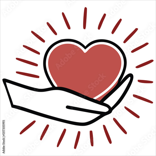 Hand Holding a Heart with Radiating Lines, Symbol of Love and Care