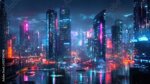 Wallpaper Mural Futuristic metropolis cityscape with vibrant neon illumination and watery reflections Torontodigital.ca