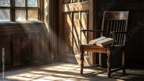 Wallpaper Mural Sunbeams illuminate an antique wooden chair with an open book resting on it in a rustic room. Torontodigital.ca