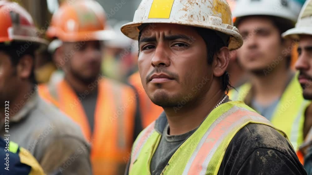 Construction workers in safety gear listen attentively during a team meeting at an outdoor construction site early in the morning