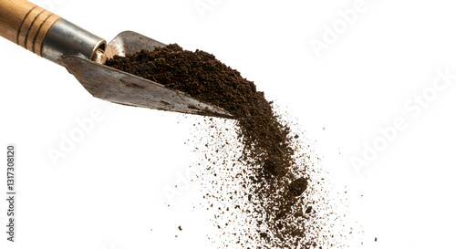 Soil falling from a trowel, isolated on transparent background
