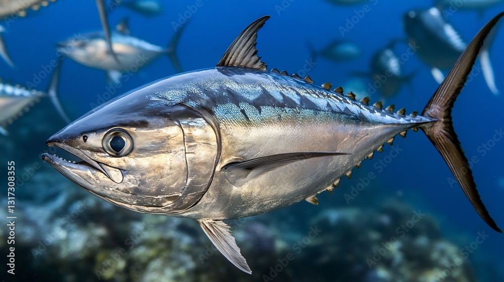 Fototapeta premium Tuna swimming ocean reef school background