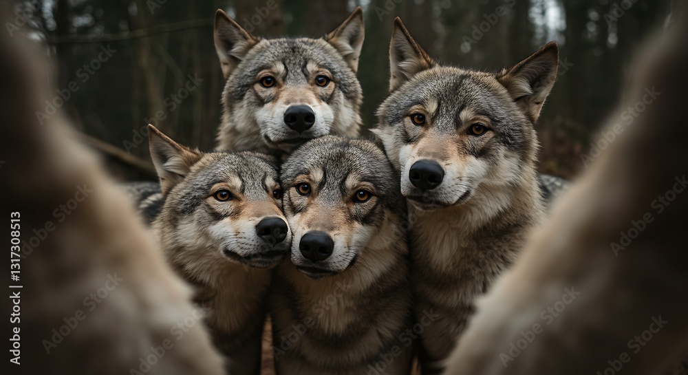 Wolves Looking at Camera in a Group Together in the Forest Wolves Looking at Camera in a Group Together in the Forest