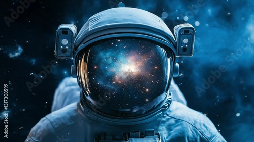 An astronaut in reflective helmet gazes into the cosmos, revealing a striking view of distant galaxies and shimmering stars in the vast universe