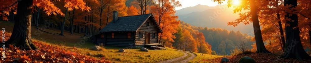 Rustic cabin nestled in vibrant autumn woods Sun-drenched foliage, crisp air , country, home, background Rustic cabin nestled in vibrant autumn woods Sun-drenched foliage, crisp air , country, home, background
