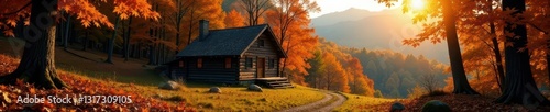 Rustic cabin nestled in vibrant autumn woods Sun-drenched foliage, crisp air , country, home, background