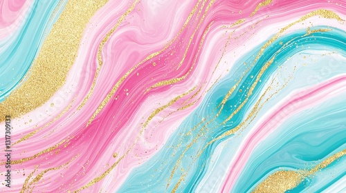 Colorful Fluid Art with Pink, Blue, and Gold Glitter Swirls