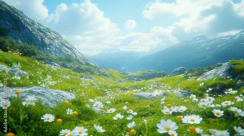 Fototapeta premium Vibrant green meadow filled with white daisies, surrounded by rocky mountains under a bright, sunny sky. 