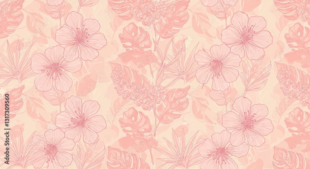 Tropical Flowers and Leaves Line Art Seamless Pattern Tropical Flowers and Leaves Line Art Seamless Pattern