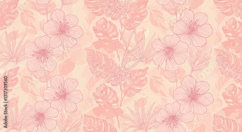 Wallpaper Mural Tropical Flowers and Leaves Line Art Seamless Pattern Torontodigital.ca