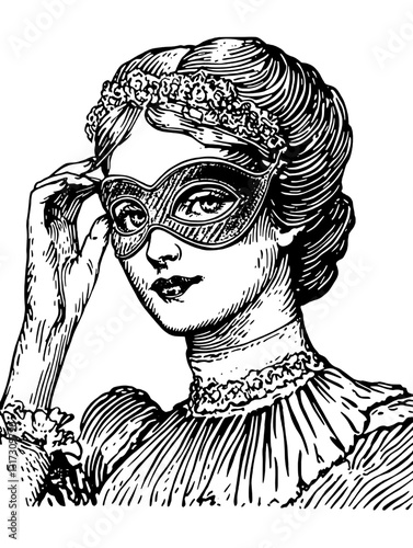 Elegant woman in vintage attire adjusting her masquerade mask for a festive celebration in a nostalgic artistic style