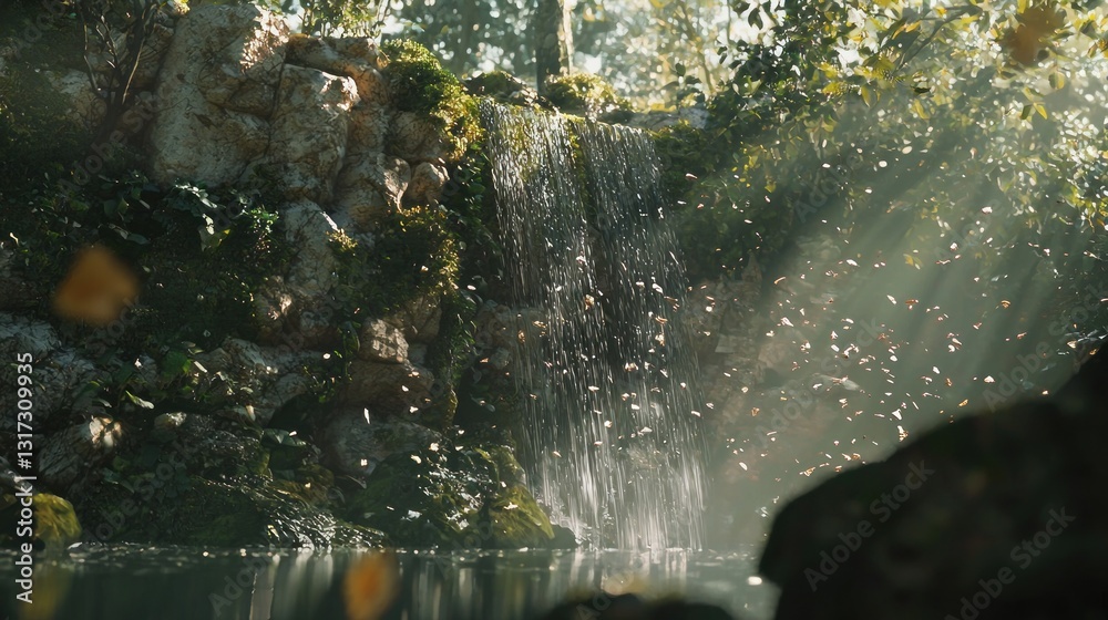 Sunlit waterfall cascading into a tranquil pond, surrounded by lush greenery and rocks. Sunlit waterfall cascading into a tranquil pond, surrounded by lush greenery and rocks.