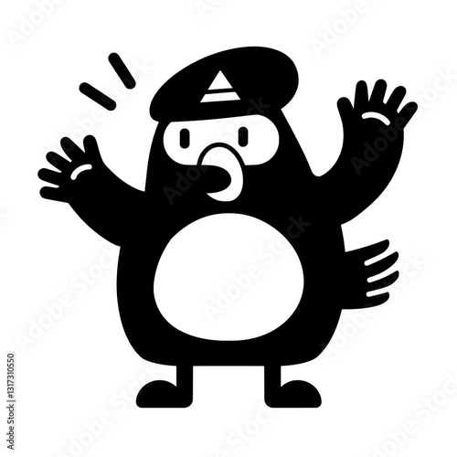 Cheerful black and white vector character in a playful pose, spreading joy and enthusiasm with a friendly wave