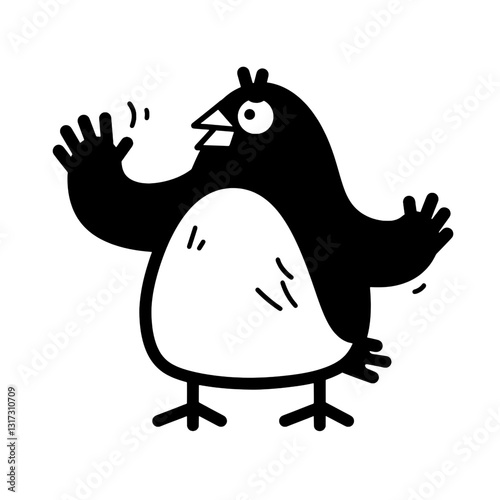 Playful cartoon bird with cheerful expression waving hello in a whimsical style and simple colors