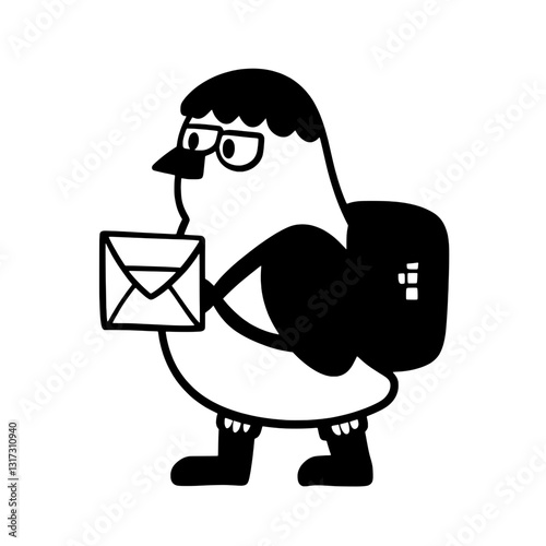 Charming cartoon bird delivers mail with a backpack, showcasing readiness and adventure in a whimsical design