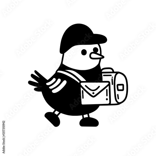 Charming bird character with a satchel embarking on an adventurous journey in a whimsical landscape filled with inspiration