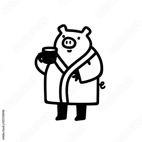 Charming pig in a cozy robe enjoying a warm drink while lounging at home for a delightful morning routine