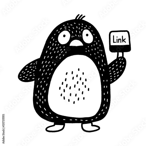 Charming cartoon penguin holding a sign that says Link during a playful and creative moment in a whimsical world