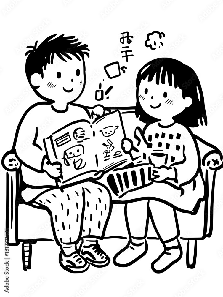 Children sharing creativity through drawing and laughter on a cozy couch in a joyful indoor setting Children sharing creativity through drawing and laughter on a cozy couch in a joyful indoor setting