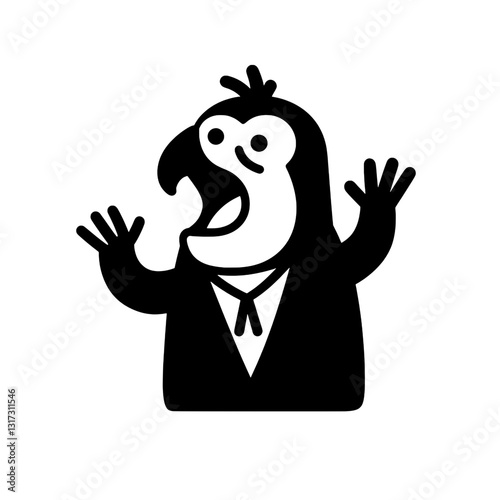 Whimsical penguin character dressed in a tuxedo with outstretched arms celebrating an occasion in a playful vector design