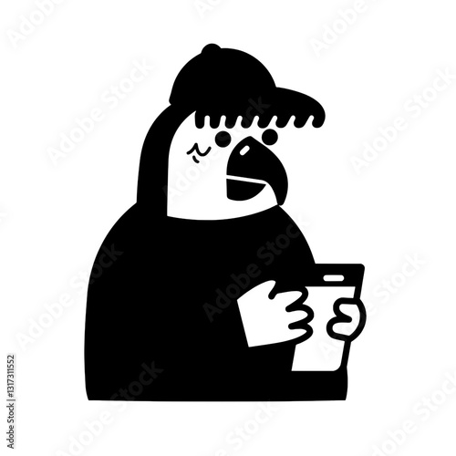 Charming black bird character engaging with a smartphone, showcasing a blend of humor and modern technology in a vibrant vector style