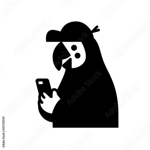 Cheerful parrot engaging with a smartphone, embodying modern communication on a bright day