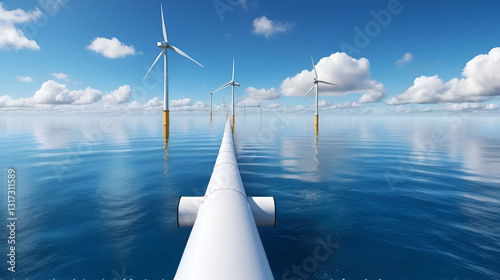 A photorealistic rendering of an oceanographic pipe, extending across the horizon and connected to wind turbines in open water, under a clear blue sky with white clouds. The perspective is from above, photo