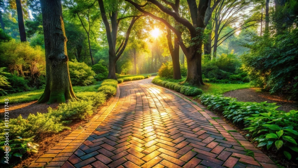 Naklejka premium A winding brick pathway through a lush, green forest bathed in the golden glow of the rising sun, creating a sense of serenity and adventure.