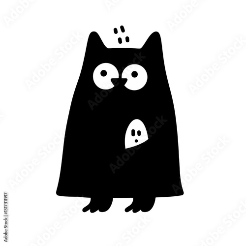 Playful black cat character with oversized eyes and whimsical design featuring a small ghost companion