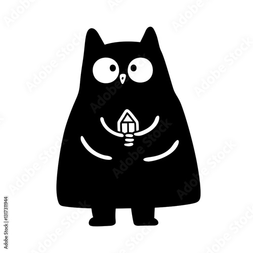 Charming black cat character with a whimsical cape holds a tiny house in a playful pose, evoking curiosity and warmth