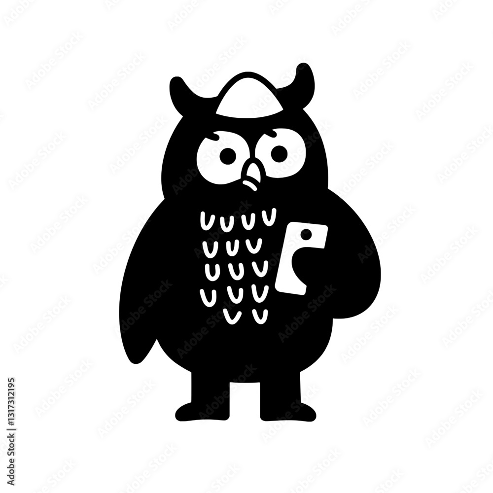 Charming cartoon owl holding a phone while wearing a cap in a whimsical design showcasing playful character