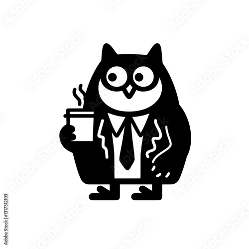 Charming owl dressed in a suit holding a coffee cup in a whimsical, lively illustration perfect for adding character to any design project