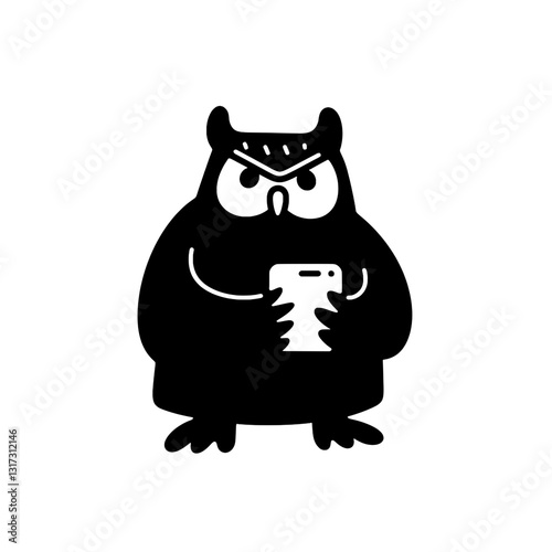 Stylish owl holding a smartphone looks curious and inquisitive in a minimalist black and white illustration