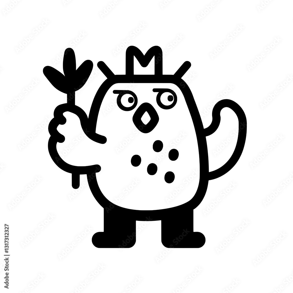 Whimsical crowned bird character holding a branch in a playful vector style design Whimsical crowned bird character holding a branch in a playful vector style design