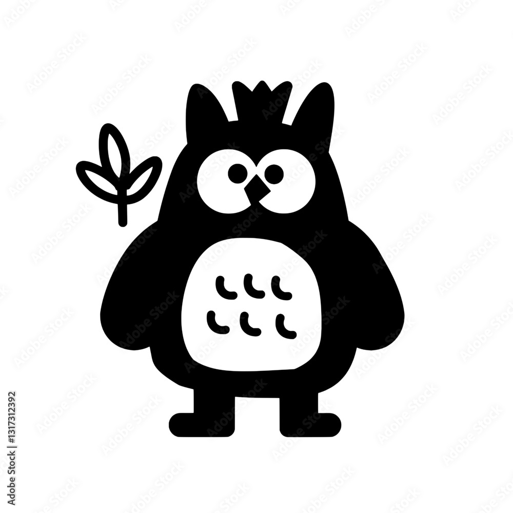 Whimsical black and white owl character with playful features and a leaf in a vibrant vector illustration Whimsical black and white owl character with playful features and a leaf in a vibrant vector illustration