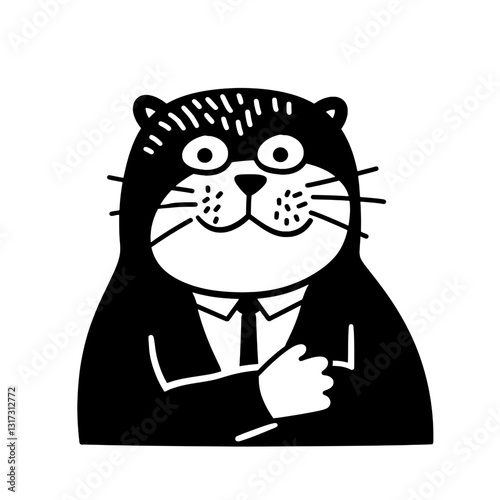 Charming and whimsical vector illustration of a dapper cat in a suit with a playful expression in a minimalist style