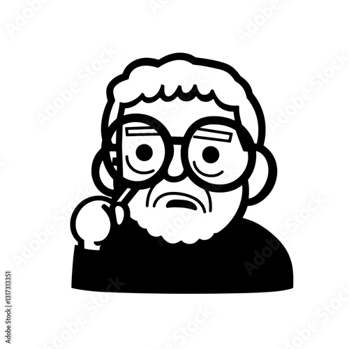 Thoughtful character examining ideas with curiosity and wisdom in a minimalist vector style design