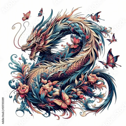 Mystical oriental dragon with floral patterns and butterflies for t-shirt design