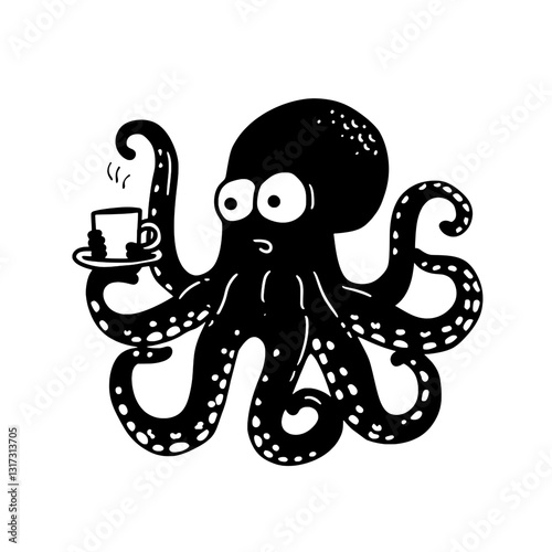 Octopus enjoying a warm beverage on a relaxing day at the sea surface under the bright morning sun