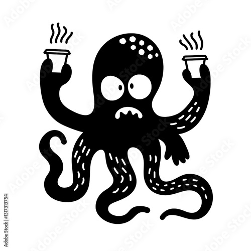 Octopus enjoys steaming cups of coffee in a whimsical underwater café setting at an ocean depth