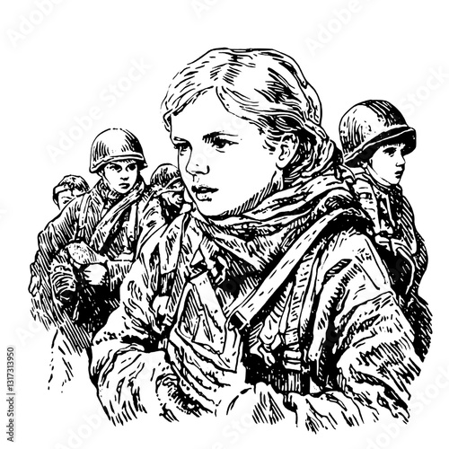 Courageous young soldiers forging ahead in the midst of war, showcasing resilience and bravery during challenging times